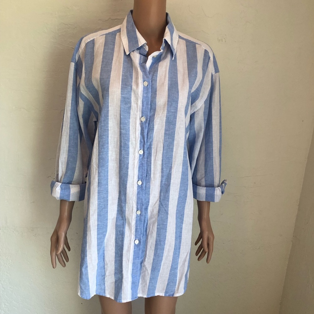 H&M Blue/White Linen Blend Shirt Women’s Size S Long Sleeves Vacation-Vibe